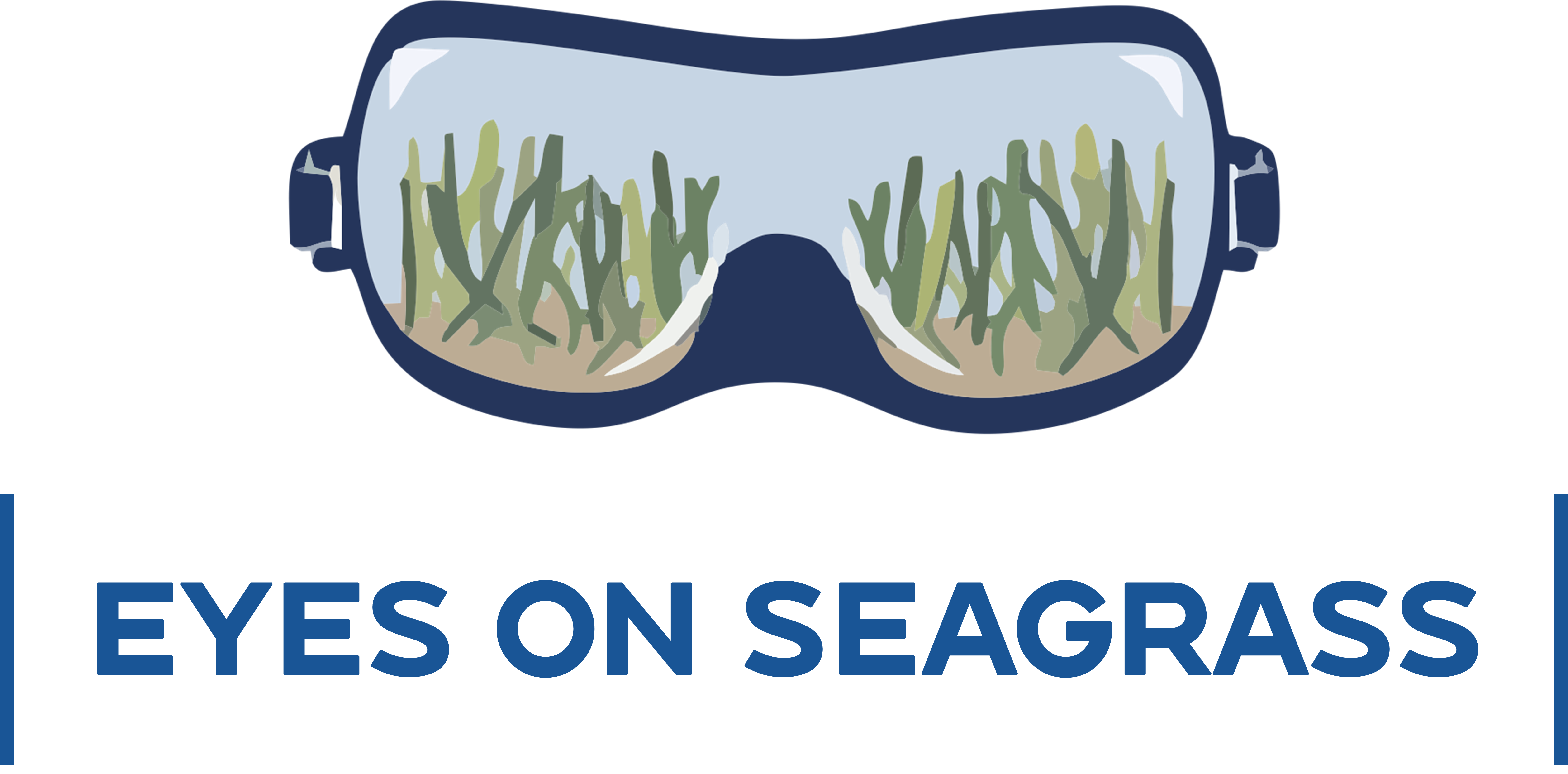 Eyes on Seagrass Logo. Scuba mask with seagrass blades growing out of the bottom of the lens