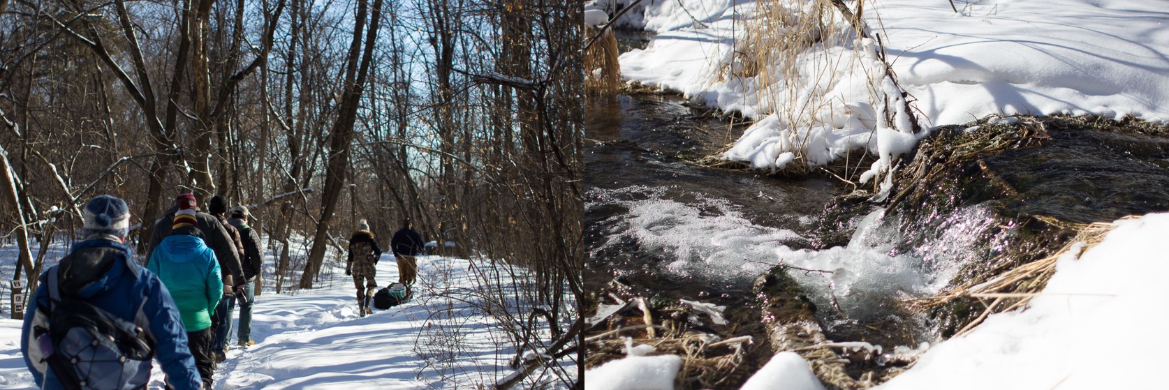 People walking through a snowy forest and a winter stream