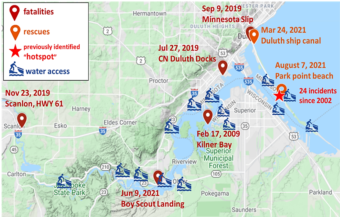 Locations of drownings and rescue incidents in the St. Louis River Estuary and water access points (boating, beaches, campgrounds).