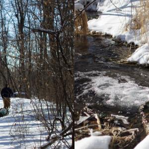 People walking through a snowy forest and a winter stream